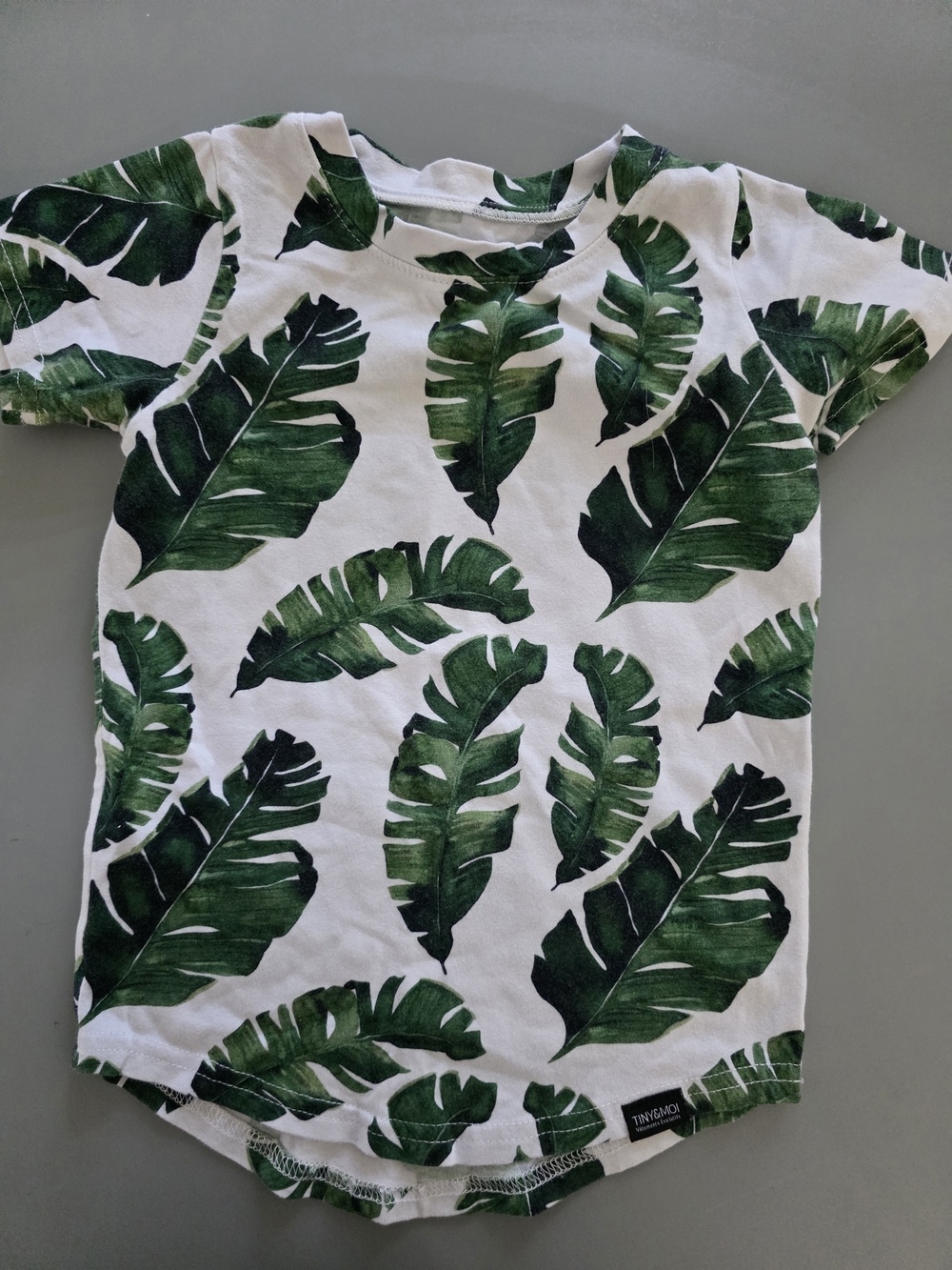 White Kids Tee with Green Tropical Leaf Print